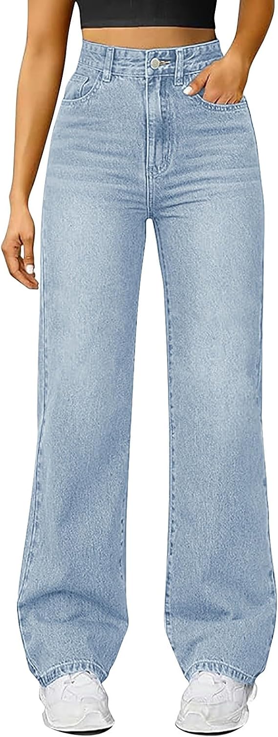 Women Wide Leg Jeans High Waisted Baggy Jeans Y2k Blue Jean Elastic Waist Stretchy Jean Straight Leg Denim Pants