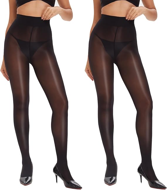 YAGAXI Women's Shiny Nylons Pantyhose - 2 Pairs Shimmer Sheer Tights Oil Shimmery High Waist Control Top Pantyhose