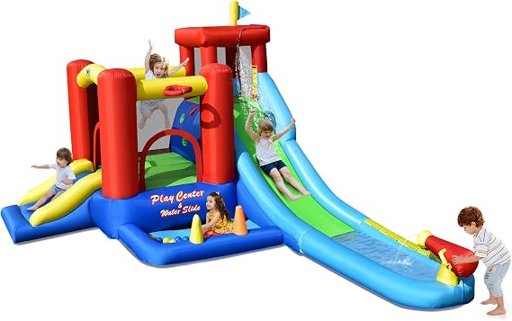 COSTWAY Inflatable Bouncy Castle, Giant Kids Bounce House with Water Slide, Climbing Wall, Ball Pit, Water Cannon, Ball Pit, Splash Pool, Blow up Water Park Inflatables for Outdoor Indoor Play