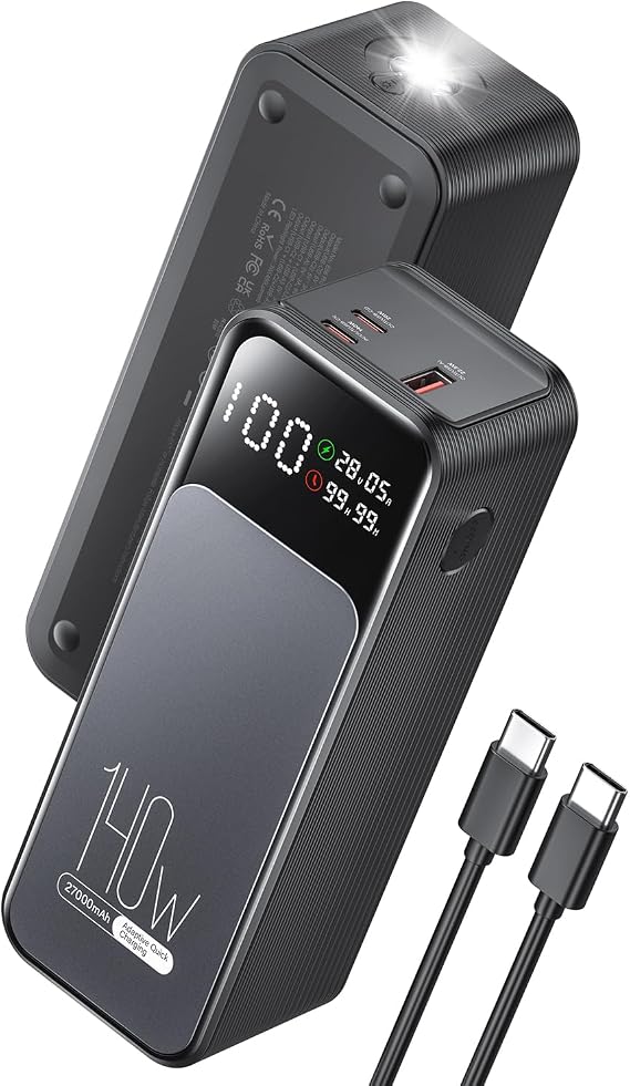 Laptop Power Bank, 27000mAh Portable Charger with 3-Port Laptop Portable Charger with 140W Fast Charging, Smart Display, Compatible with iPhone 17/16/15 Series, Samsung, MacBook, and More