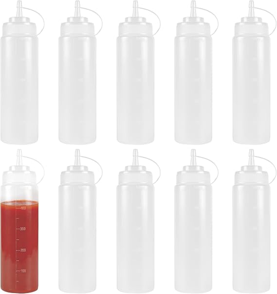 10PCS Sauce Squeeze Bottles, 17OZ/500ml Squeezy Bottles with Nozzles, Plastic Condiment Bottles for Ketchup, BBQ Sauce, Salad Dressing and Oil