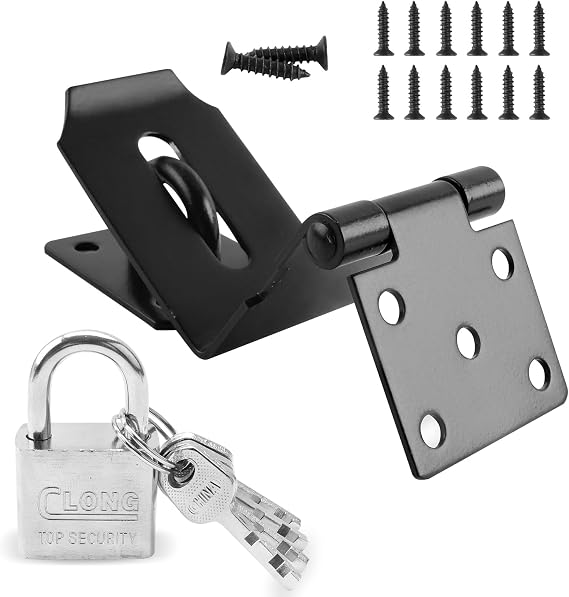 HOWDIA 4 Inch Door Lock Latch Padlock Hasp Set, 90 Latch Lock with Screws and Padlock Stainless Steel Safety Right Angle Padlock Hasp Latch Security Door Clasp Hasp for Shed/Gate/Storage Lock(Black)