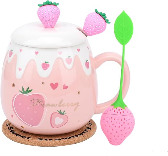 Pembe Kupa, Kapaklı Kaşıklı Sevimli Çilek Kupası, Seramik Kahve Kupası, Çay Sütü için Kawaii Kupası, Kadın Kız Öğrenci Kore Tarzı 450ML Noel Doğum Günü Hediyesi (Büyük Çilek)