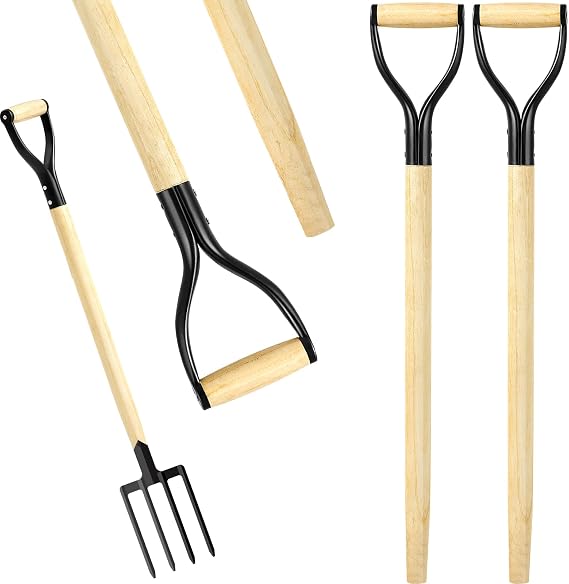 2 Pcs Pitchfork Spading Handle Replacement 30 Inch Wooden Shovel Handle Replacement D Shaped Pitch Fork Handles Tool Accessories for Shovel Scoop Hoe Rake Garden Digging