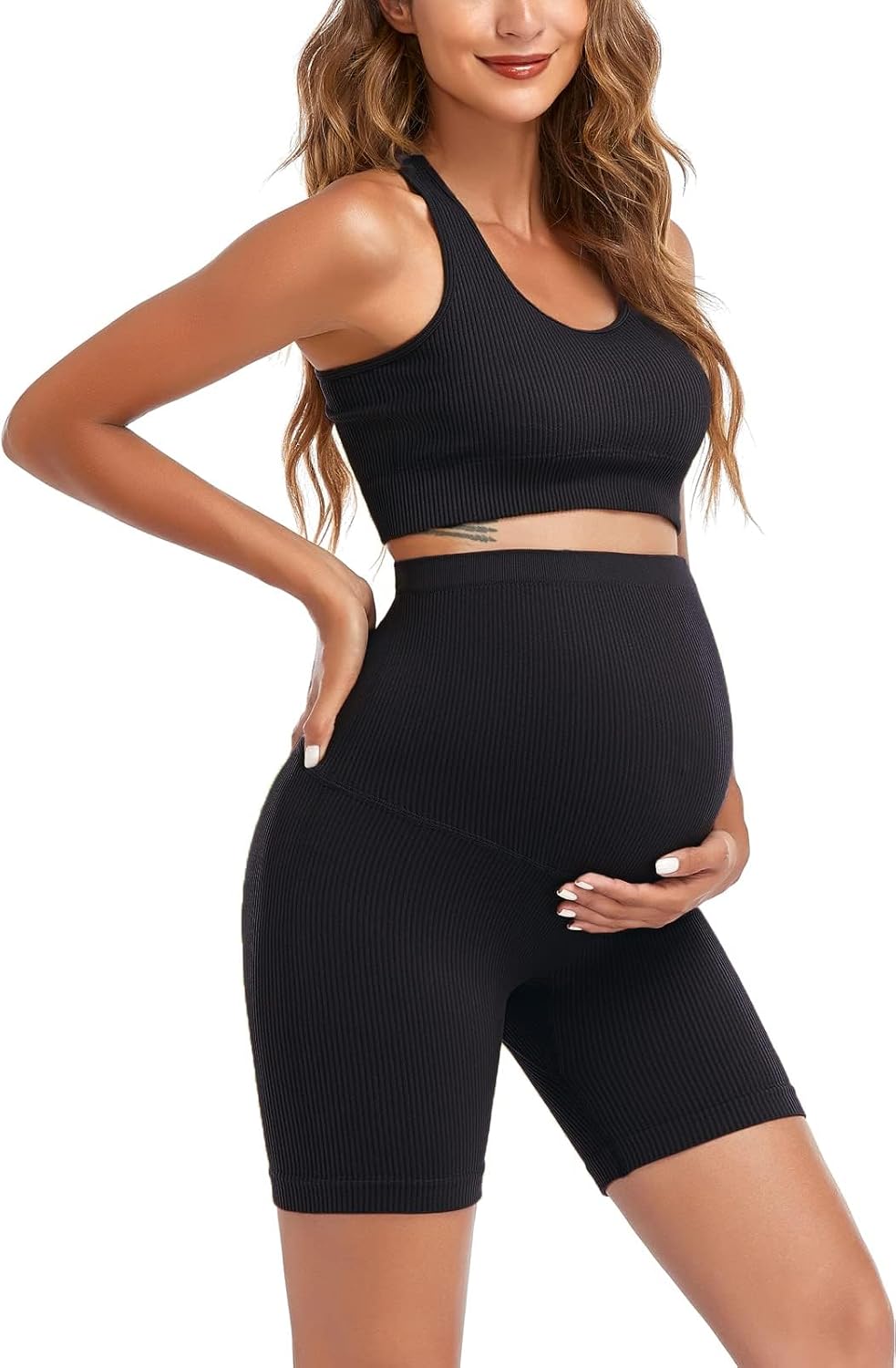 Womens Maternity 2 Piece Outfit Set - Bra & Shorts for Pregnancy - Yoga workout Lounge Wear Sets