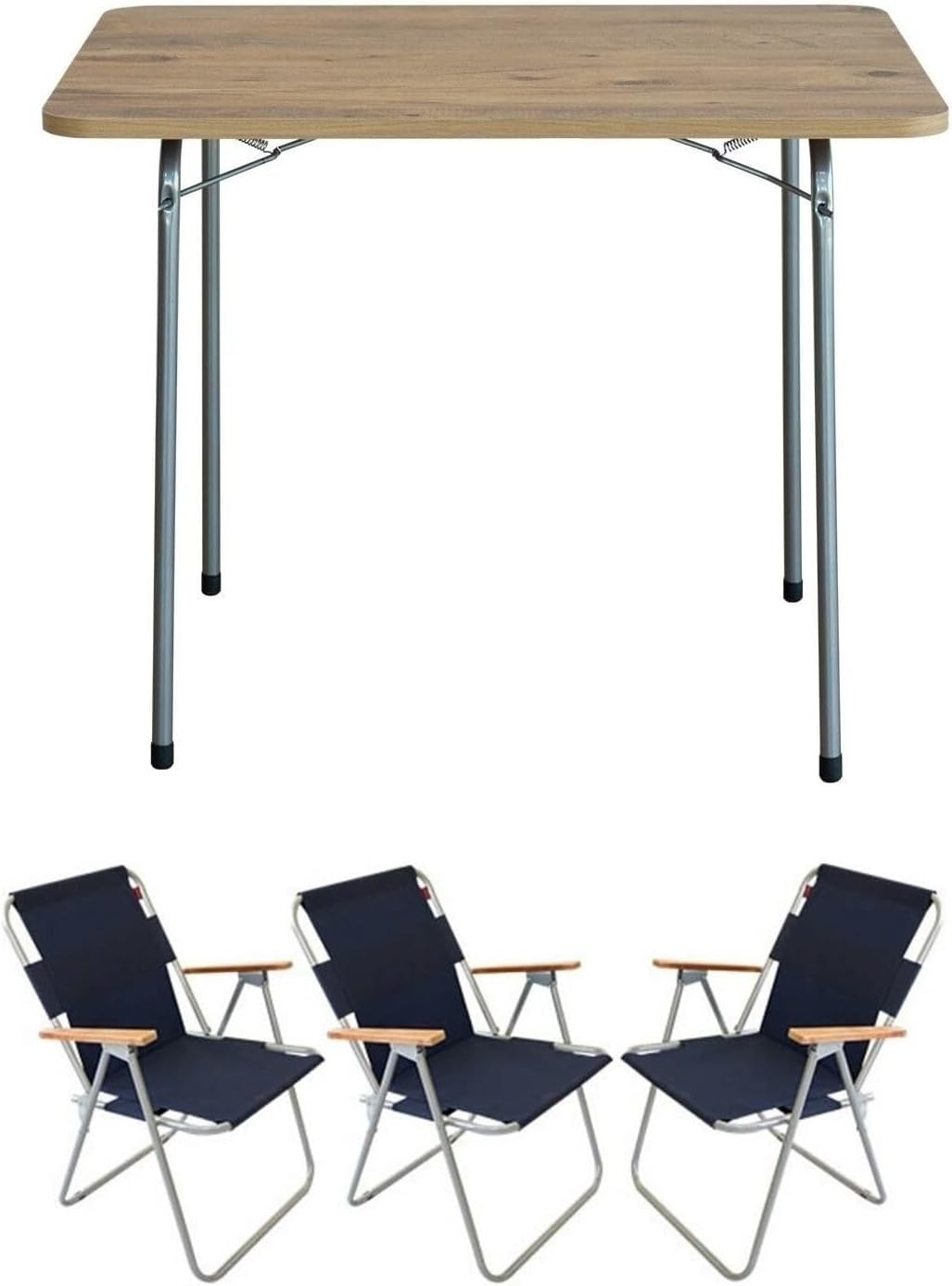 Bofigo 60X80 Pine Folding Table + 3 Piece Folding Chair Camping Set Garden Balcony Set Navy Blue