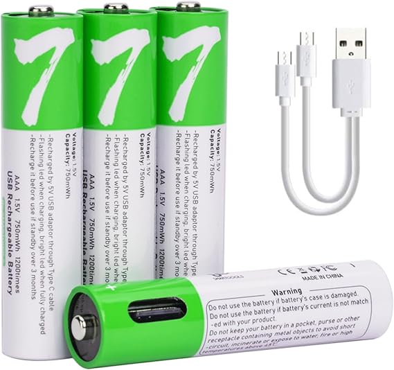 USB AAA Lityum iyon Şarj Edilebilir Pil, Yüksek Kapasiteli 1.5V 750mWh Şarj Edilebilir AAA Pil, 1 H Hızlı Şarj, C Tipi Bağlantı Noktası Kablosu ile 1200 Döngü, Sabit Çıkış, 4'lü Paket (4 AAA)…