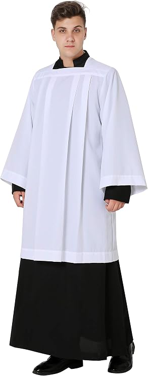 IvyRobes White Surplice for Clergy Men Square Neck Surplice Choir Baptism Costume for Church Altar Server Vestments