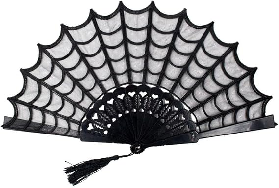 kreepsville 666 Spiderweb Lace Gothic Fabric Hand Fan with Tassel, One Size, Black