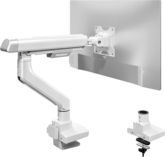 FlexiSpot Single Monitor Arm, Premium Aluminum Monitor Desk Mount Fits Screen up to 39 Inches, Fully Adjustable Monitor Stand with C-Clamp & Grommet Base, Holds 6.61 to 26.46 lbs, White