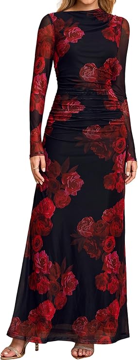 HTZMO Long Sleeve Fall Wedding Guest Bodycon Floral Maxi Dress for Women