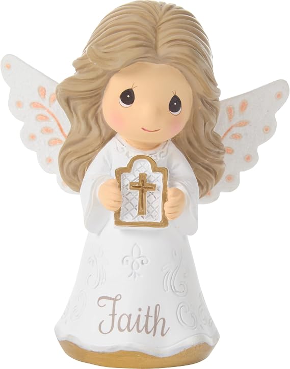Precious Moments 252428 Faith Mini Angel Figurine Holding Cross, Inspirational Resin Angel with Peach Wing Accents, Religious Gift for Communion or Confirmation