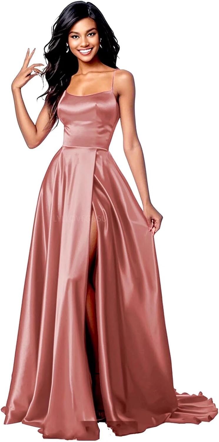 Spaghetti Strap Satin Prom Dresses Ball Gowns for Women Formal Slit Bridesmaid Dress with Pockets