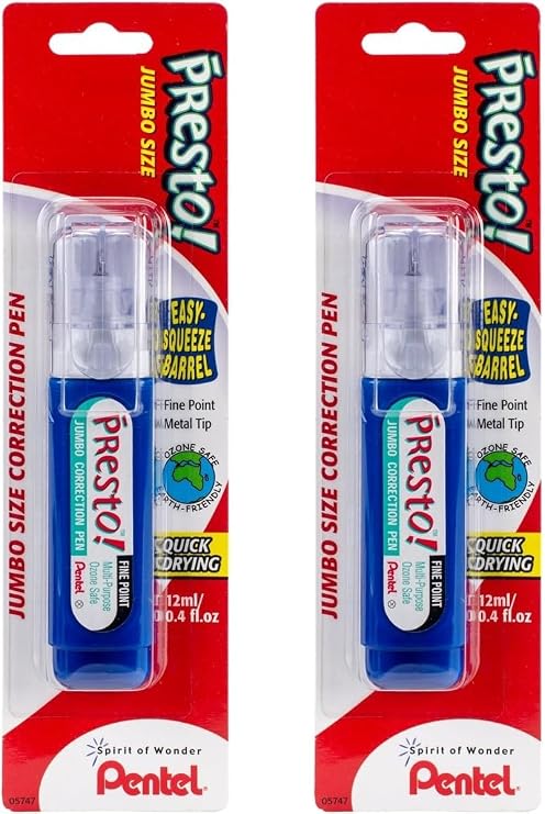 Pentel Presto! Jumbo Correction Pen, Fine Point, Metal Tip, White, 12 ml/0.4 fl.oz. 2 Pack (ZL31WBP-K6)