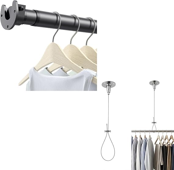 Closet Rods for Hanging Clothes, 17 to 39 Inch Heavy Duty Stepless Adjustable Closet Hanging Rod, Ceiling Support Closet Rod Bracket, Adjustable Closet Rod Holder