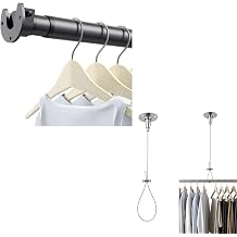Closet Rods for Hanging Clothes, 17 to 84 Inch Heavy Duty Stepless Adjustable Closet Hanging Rod, Ceiling Support Closet Rod Bracket, Adjustable Closet Rod Holder