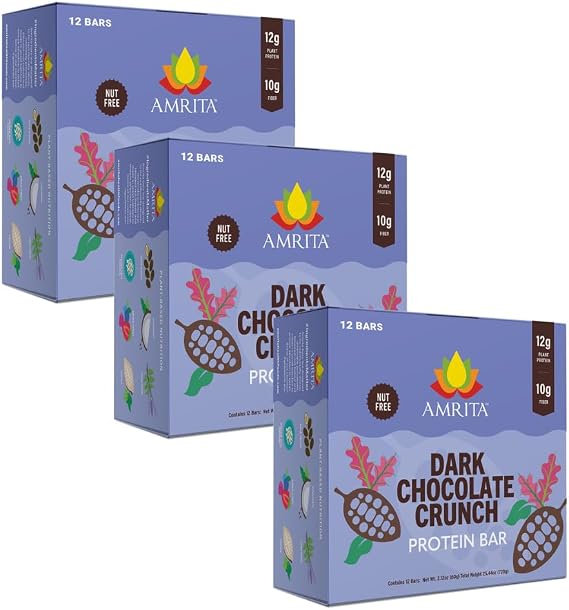 Amrita Nut Free Vegan Protein Bars 36 Pack, 12g Plant Based, Gluten Free | Dark Chocolate Quinoa Protein bars, Peanut Free, Dairy Free, High Fiber, Low Sugar School-Safe Snacks & Breakfast