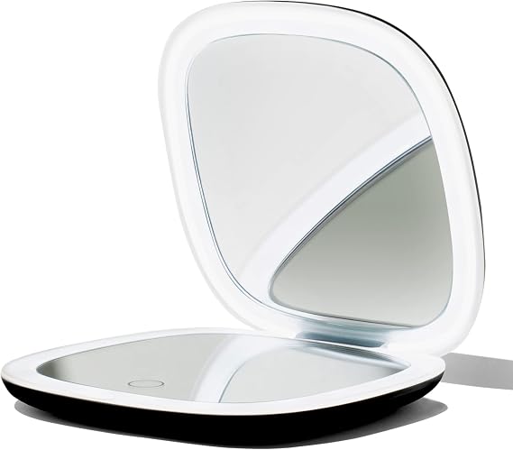 Vanity Planet Pocket Makeup Mirror with Lights & Magnification, Moda - Mini Light-Up Compact & Travel Makeup Mirror - Portable, Adjustable & Rechargeable LED Magnifying Mirror for On-The-Go - Black