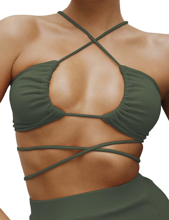 Women's Sexy Criss Cross Halter Tops Y2K Lace Up Crop Cami Top Tie Back Tank Sleeveless Clubwear Army Green