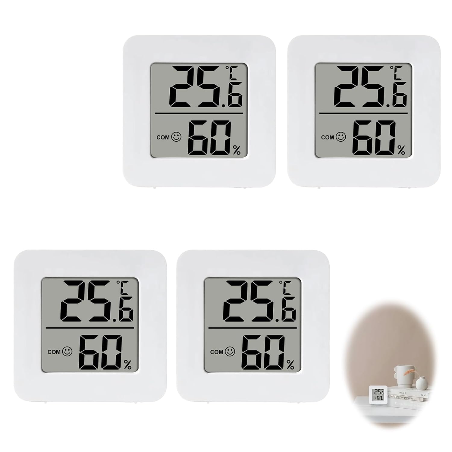 4PCS Room Thermometer Hygrometer, Accurate Digital Temperature Humidity Monitor, Humidity Sensor Indoor Climate Meter with LCD Display for House Greenhouse Office Tabletop Placement Wall Mount White