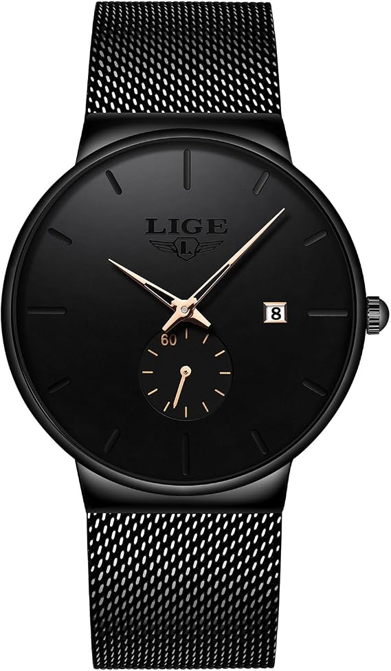 LIGE Mens Watch Waterproof Wrist Gents Black Vintage Watches for Men 3ATM Water-Resistant Quartz with Date Stainless Steel Business Casual Retro Minimalist Analog Thin Wristwatch