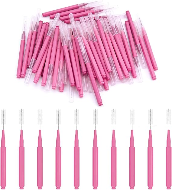 50 Pcs Micro Spoolies Eyebrow | Lash Brushes With Cap | Mini Eyelash Brushes for Eyelashes Extensions | eyebrow brush for Brow Laminat Micro brow brush for Women (Pink)