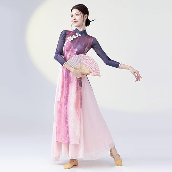 REDBMX Modern Cheongsam Clothes Gauze Flowy Dress Chinese Stage Performance Costume Vietnamese Ao Dai Pink Purple Qipao