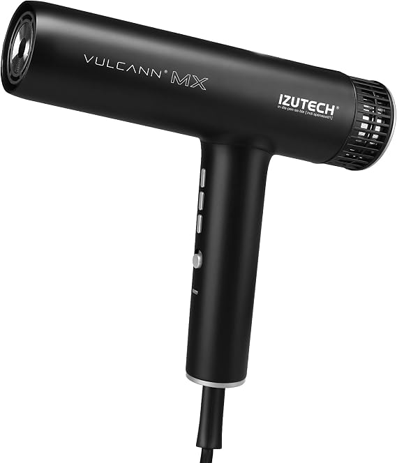 IZUTECH Vulcann MX 2.0 Ionic Hair Dryer with Diffuser, 1875 Watt, Lightweight Blow Dryer with 2 Magnetic Nozzles for Hair Styling, Adjustable High Heat and Cold Air Flow, All Hair Types, Black