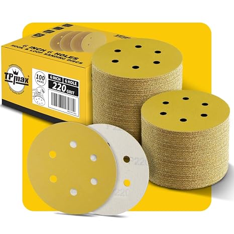 100PCS 6 Inch 220 Grit 150mm 6 Hole Sanding Discs Sandpaper - Premium Gold Round Hook and Loop for Random Orbital Sander - Ideal for Wood, Metal, Automotive