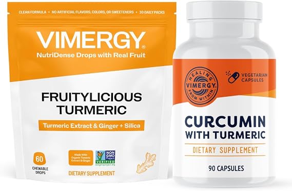 Vimergy NutriDense Fruitylicious Turmeric + Ginger Chewables (60 Count) & Curcumin with Turmeric Supplement (90 Caps)
