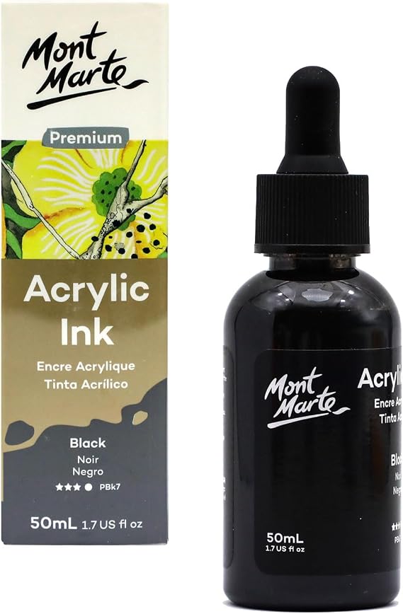 Mont Marte Acrylic Ink Premium 50ml - Black, Acrylic Inks for Artists, Fluoro Colors, Ideal for Air Brush, Pouring Art, Scrapbooking, Ink Drawing, Mixed Media
