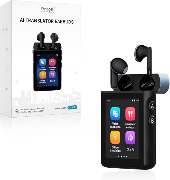 Wooask A9S AI Translation Earbuds Real Time with Camera, OfflineTranslation Headphones No APP Needed, ChatGPT-Powered, Audifonos Traductores Ingles Espanol for Global Business Trave (Black)