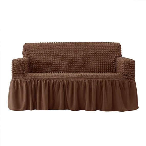 Luxury Sofa Slipcovers Stretch Sofa Cover 1 2 3 4 Seater, Seersucker Sofa Slipcover with Skirt Non Slip Soft Couch Cover Washable Furniture Protector for Kid Pet -Coffee-2 Seater(140-185cm)