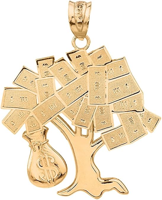Hip Hop Jewelry Solid 10k Yellow Gold USD Dollar Money Bag Treasure Tree Pendant