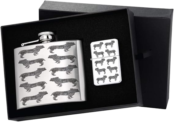 English Bulldog Pattern Stainless Steel Liquor Shot Flask Flip Top Silver Lighter Gift Set