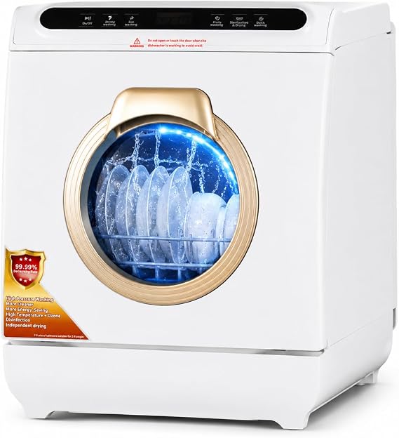 Countertop Portable Dishwasher - 7L Built-in Water Tank, No Hookup Needed, 5 Wash Programs, 360 Dual Spray Arms, Air-Dry Function, Compact Design for Apartments and RVs, Energy Efficient, White