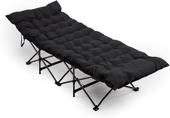 Folding Camping Bed With Thick Mattress, 150kg Load, Black