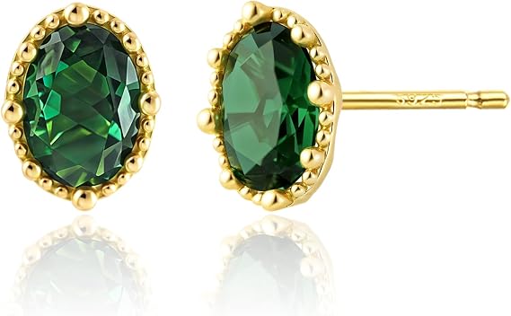 Sterling Silver Oval Emerald Stud Earrings, 14K Gold Plated, May Birthstone Jewellery, Vintage Style
