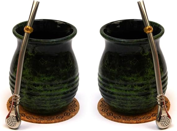 Mate Tea Cup Set for Two Ceramic Yerba Mate Tea Cup Roches Calabash Cup 360 ml Steel Straw Bombilla with Cooling Ring Stainless Steel Staw Cork Pad Starter Kit for Two Required Accessories