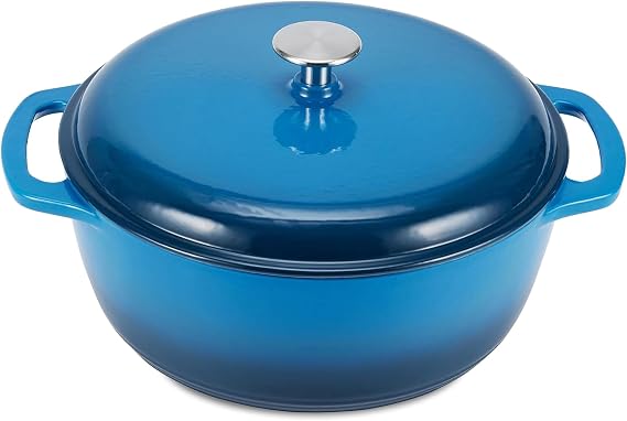 Amazon Basics Enameled Cast Iron Dutch Oven Pot with Lid, Round, Dual Handles, Heavy-Duty, Oven Safe for Stews, Roasting, Baking,4.3-Quart, Blue