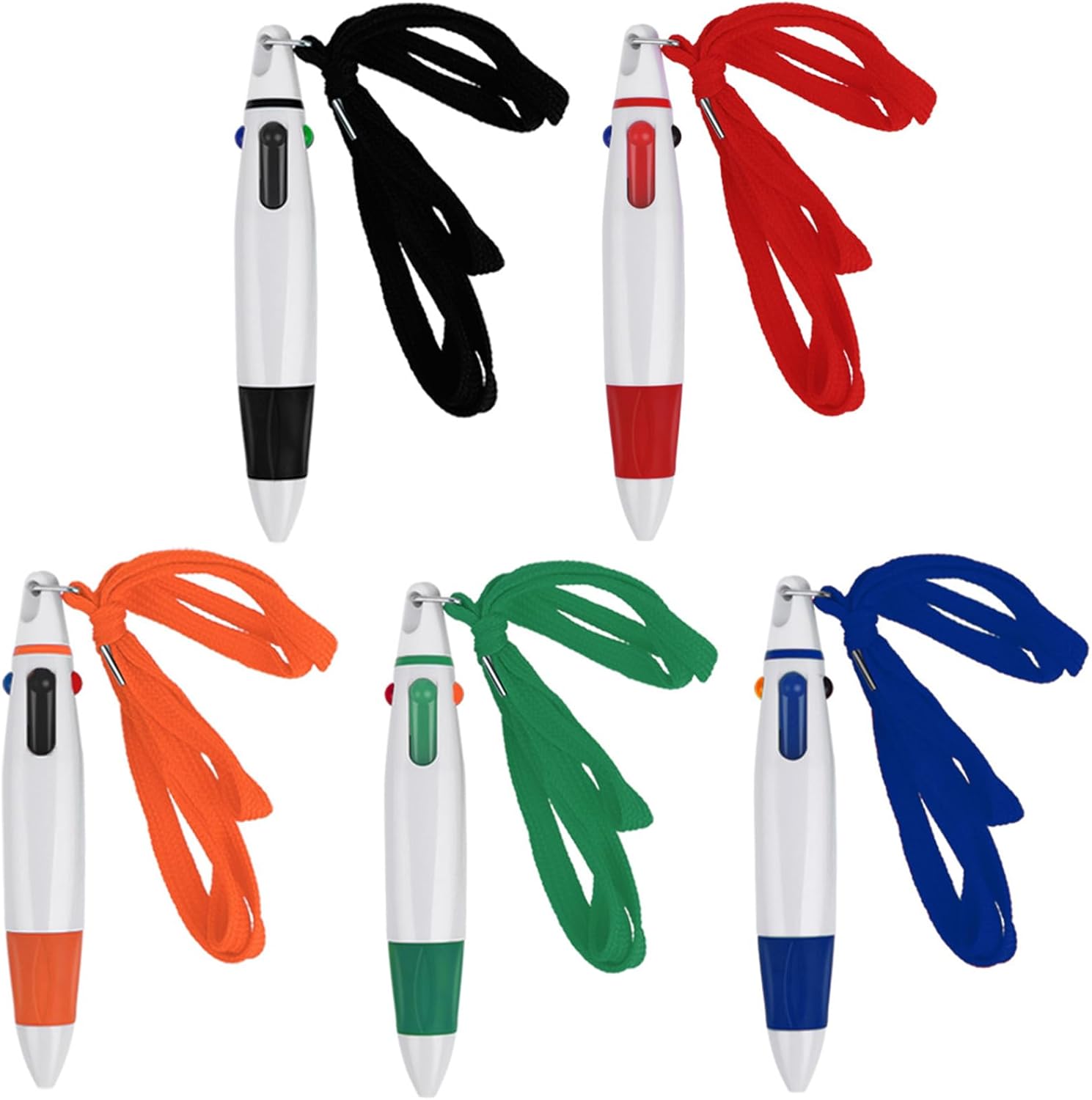 Bewudy 5 Pcs Neck Pens Retractable Shuttle Pens, 1.0mm Ballpoint Pen with Neck Lanyard, 4-in-1Color Pen with Chain for Nurses Office School Supplies Gifts Party Favors Portable Outdoor Pens