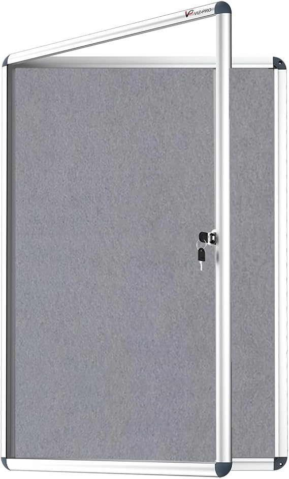 VIZ-PRO Tamperproof Lockable Grey Fabric Notice Board 90 x 60 cm
