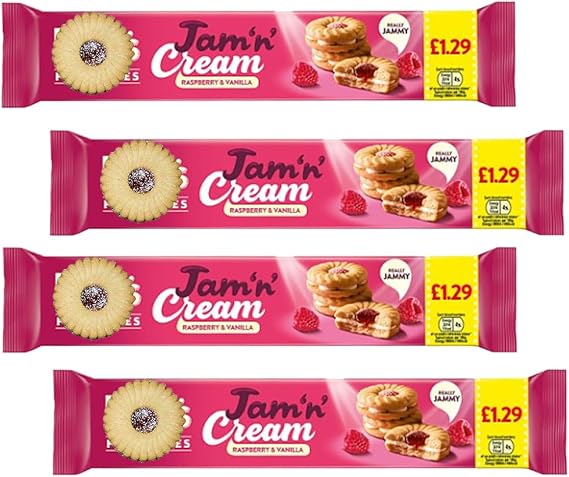 Favourites Jam 'n' Cream Raspberry & Vanilla Biscuitts 150g – Crunchy Biscuits with Sweet Cream & Jam Filling - Fx (4 x Biscuits)