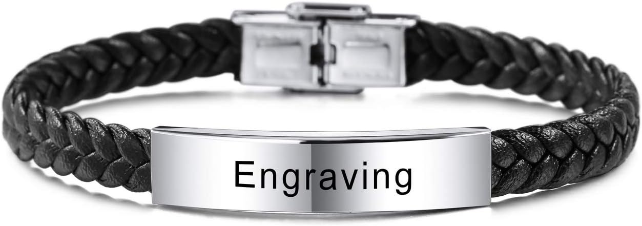 MeMeDIY Personalized Leather Bracelet Customized Engraving Name Date ID for Men Women Best Friend Stainless Steel Adjustable Braided Cuff Love Anniversary Jewelry Gift