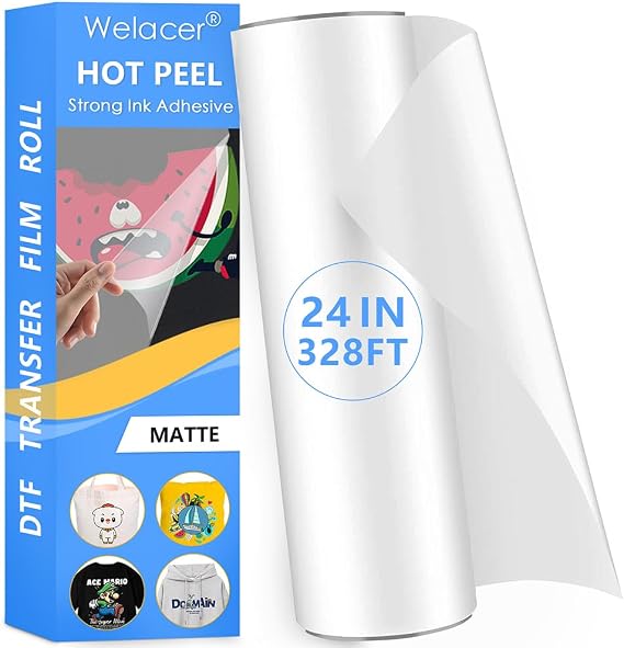 DTF Transfer Film Roll 24"x328FT,Double-Sided Matte Pretreat Film | Hot&Cold Peel,PET Heat Transfer Paper for DTF Inkjet Printer Direct Print on T-Shirts and All Color Fabrics,Wash Durable