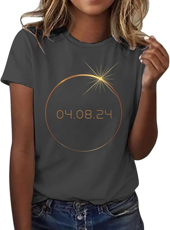 Women's Large Size Summer Loose Tee Shirt Short Sleeve Round Neck Sun Print Women's Clothing Chic Summer Tee Beach Large Size Top, dark grey, L