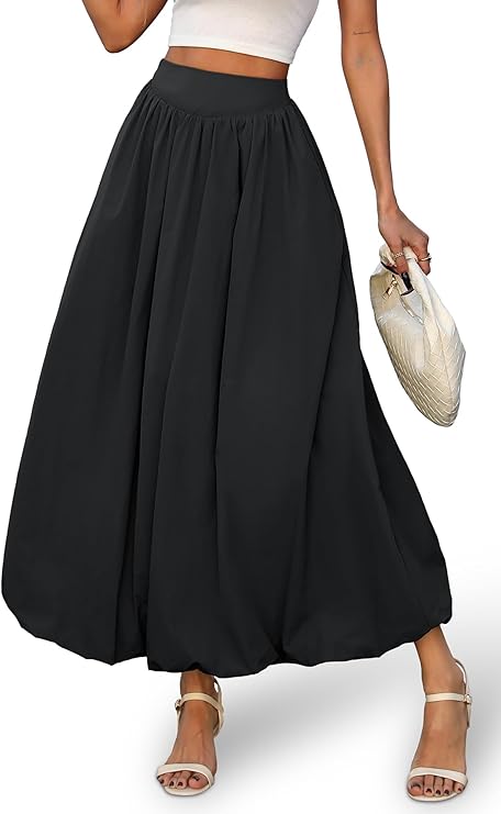ELLEVEN Women's Bubble Maxi Skirt, Elastic Waist Puffy Hem A-Line Skirt with Pockets