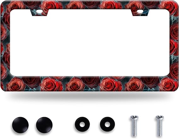 Abstract Roses License Plate Frame Floral Flowers License Plate Holder for Front and Rear Colorful License Plate Stainless Steel Auto Parts Decoration with Screws 12 x 6 Inch Men Women