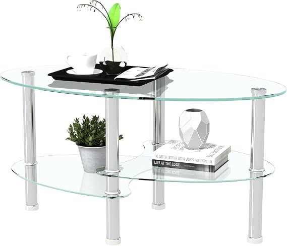 Henf Oval Glass Coffee Table Glass Tabletop Cocktail Table with Silver Wood Legs, 3 Tier Storage Shelf Modern Tea Coffee Table Side Center Tables for Living Room Furniture, Transparent Top