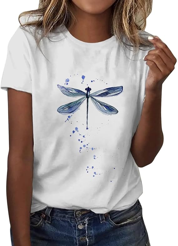 Women's Plus Size Summer Loose Tee Shirt Women's Short Sleeve Dragonfly Print T-Shirts Ladies Casual Round Neck Loose Breathable Shirt Elegant Top Cotton T Shirt, Marine, L